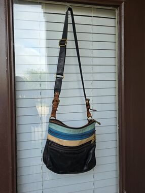 Vtg Fossil Explorer Pebbled Cowhide Leather Crossbody Colorblock Shoulder Bag